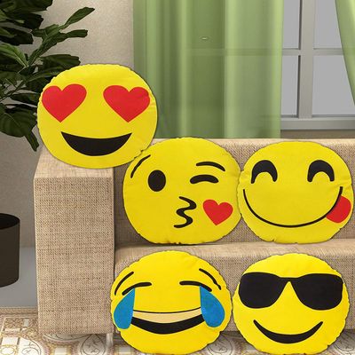 PartyStuff Kids Cartoon Digital Printed Pillow, Soft Fibre Baby Cushion Set of 5 (Emojis, Round, 12x12)