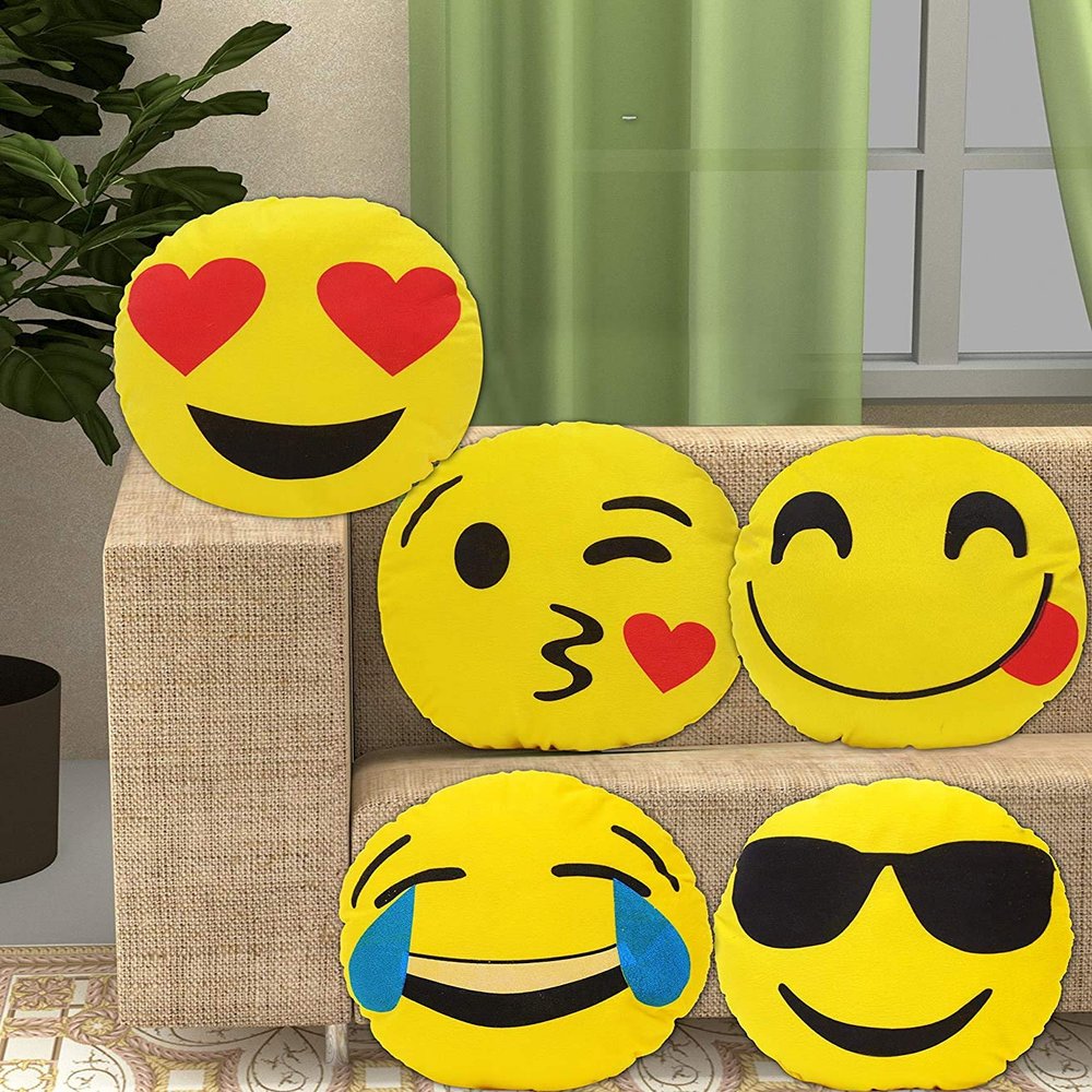 PartyStuff Kids Cartoon Digital Printed Pillow, Soft Fibre Baby Cushion Set of 5 (Emojis, Round, 12x12)