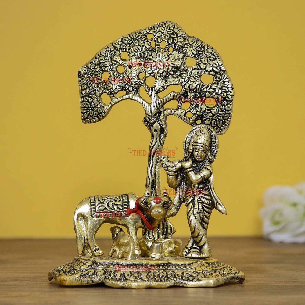 TIED RIBBONS Krishna Idol with Cow Brass Statue and Calf Under Tree Decorative Showpiece for Mothers Day, Home Puja Room Living Room Temple Decoration and Gift Items