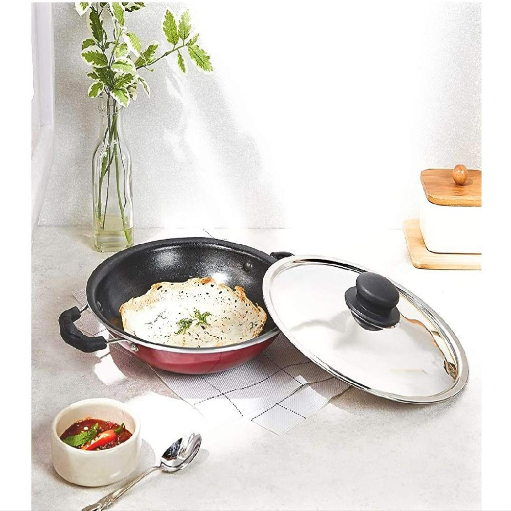 Bahurani Kitchen Star Appachetty Non-Stick Aluminium Appachatti with Stainless Steel lid, 2.6mm, Red/Black, 23cm, Gas Compatible