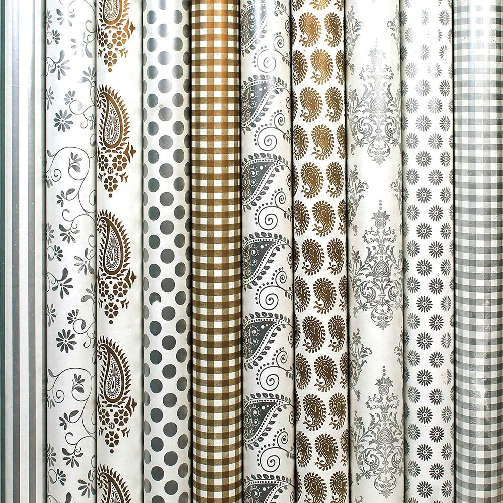 ELEGANT CASA Printed Gift Wrapping Paper Assorted Design Pack of 10 Sheets - Golden and Silver Gifts Wrap Roll, Printed Sheet for Birthdays 10 pcs + 10 Mtr Tape Size - 19" x 28"