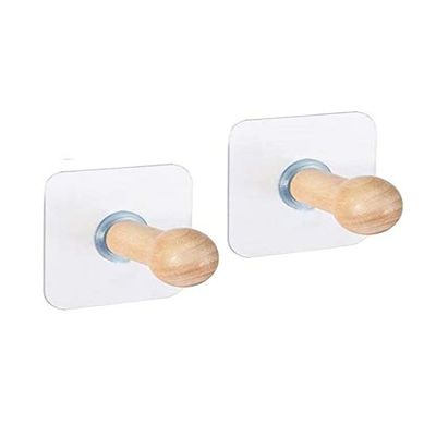 XENOTY Wooden Self Adhesive Wall Hooks Utility for Towel Bathrobe Coat Hanging, Bathroom Hooks, Sticky Door Hook - 2 Pieces