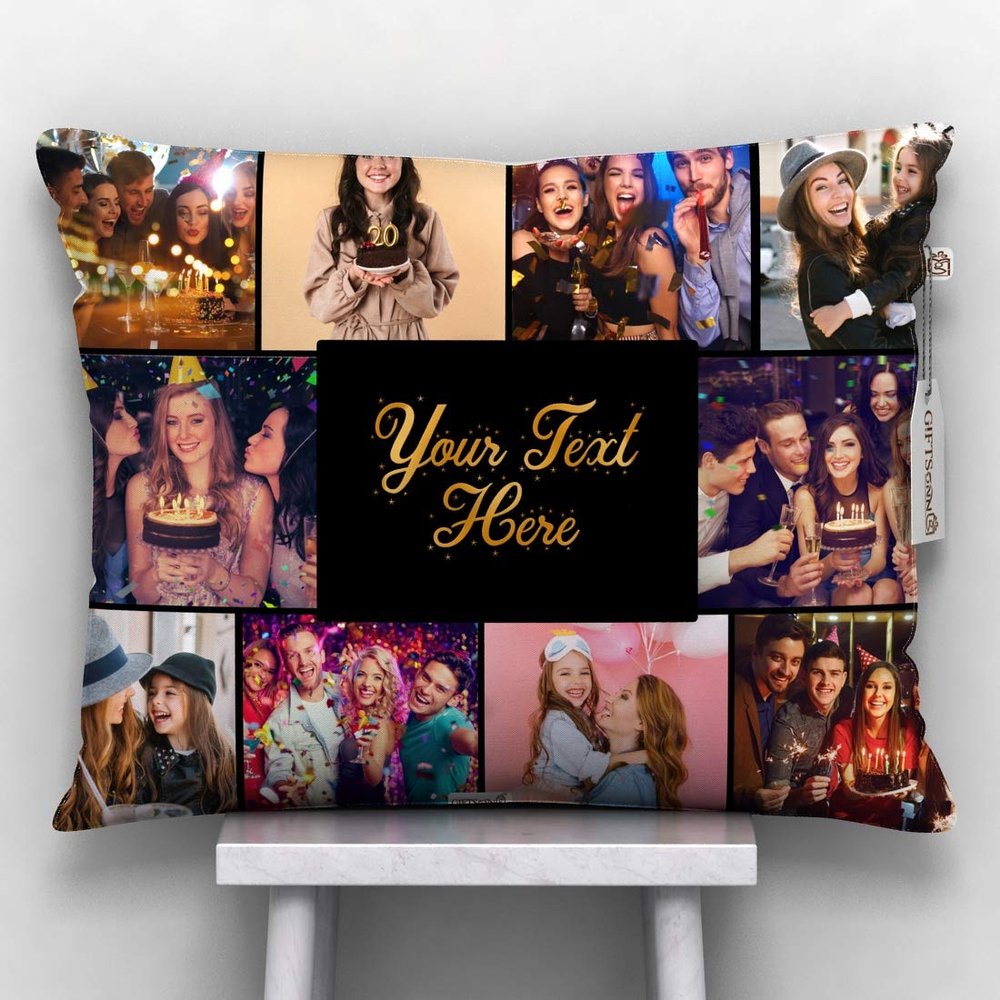 Giftsonn Satin 8 Photos and Text Printed Cushion with Filler (Black, 12x12 Inches)