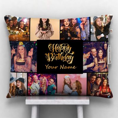 GiftsOnn 10 Photos and Name Pillow for Birthday Black Printed Cushion with Filler 12x15 inch, Black Color - 1
