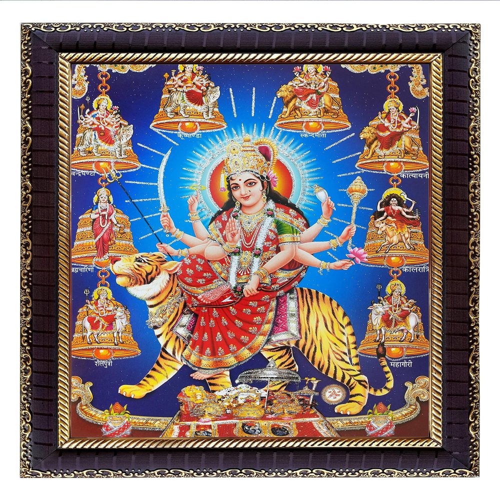 KHANNA Durga maa/ambe/sherawali/nav Durga / 9 Form on Tiger/MATA vaishno Devi pindi roop Photo Frame for Wall Hanging/Gift/Temple/puja Room/Home Decor with Acrylic Sheet (Glass) for Worship , ,Pack of 1
