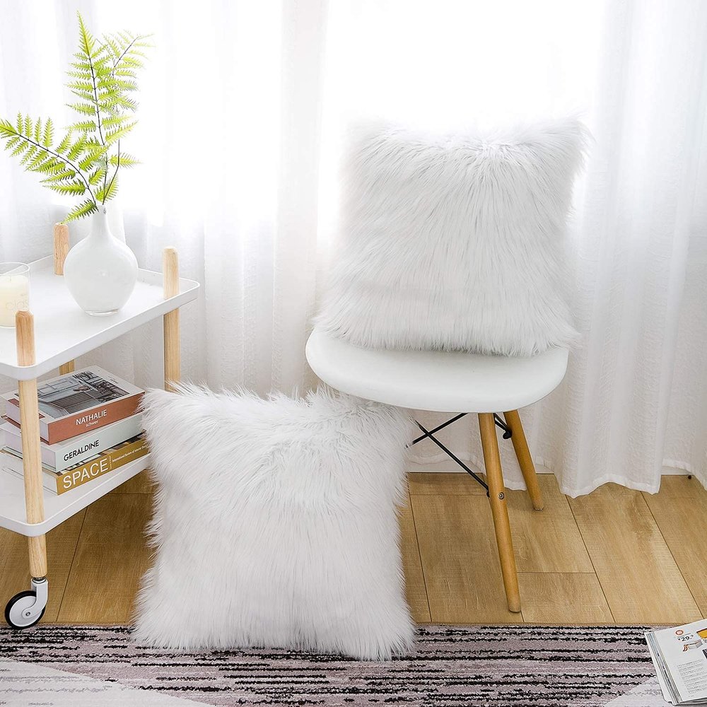 Blue Monkey Soft Luxury Faux Fur Cushion with Filler (Standard Size: 16x16 Inches), (White,1)