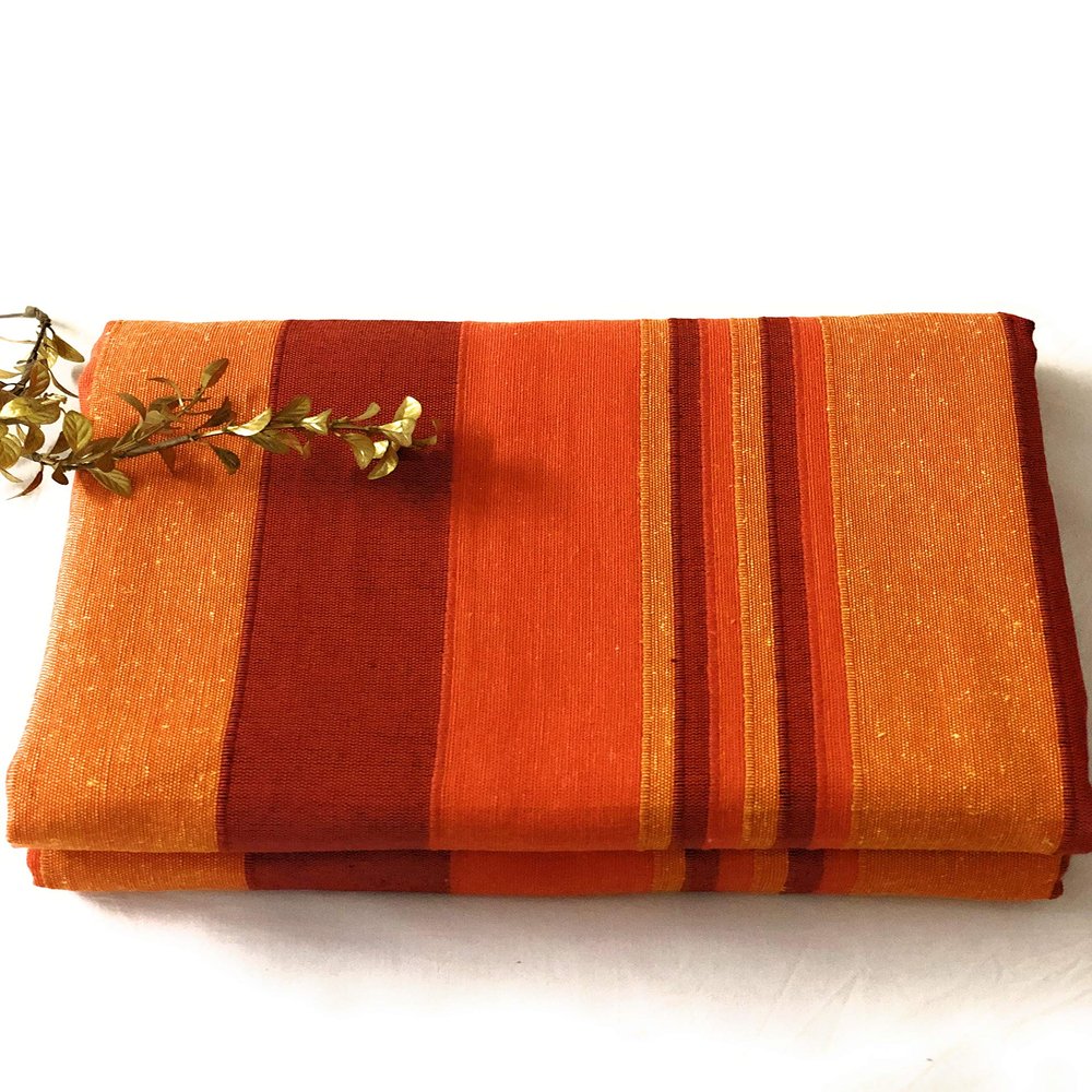 RANGBHAR Handloom Cotton Single Bedsheet Without Pillow Covers, Woven Striped Bedcover, 60 x 90 inch, Orange,210 Threadcount