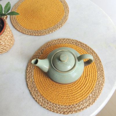 JASMEY HOMES Set of 2 Dining Table Mat 30cm Round Mat - Yellow (Single Ring) | Used as Centre Table dcor placemat/House Warming Gifts for New Home