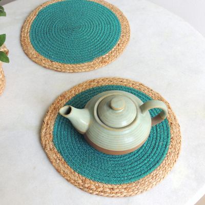 JASMEY HOMES Jute Set Of 2 Dining Table Mat 30Cm Round Mat - Green (Single Ring) | Used As Centre Table Decor Placemat/House Warming Gifts