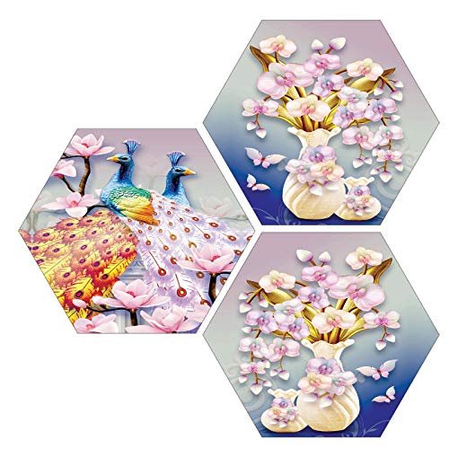 SAF paintings Set of 3 Hexagon Couple Peacock with Flower Pot UV Textured Multi-Effect MDF Painting 17 Inch X 17 Inch SANFHX37SMALL