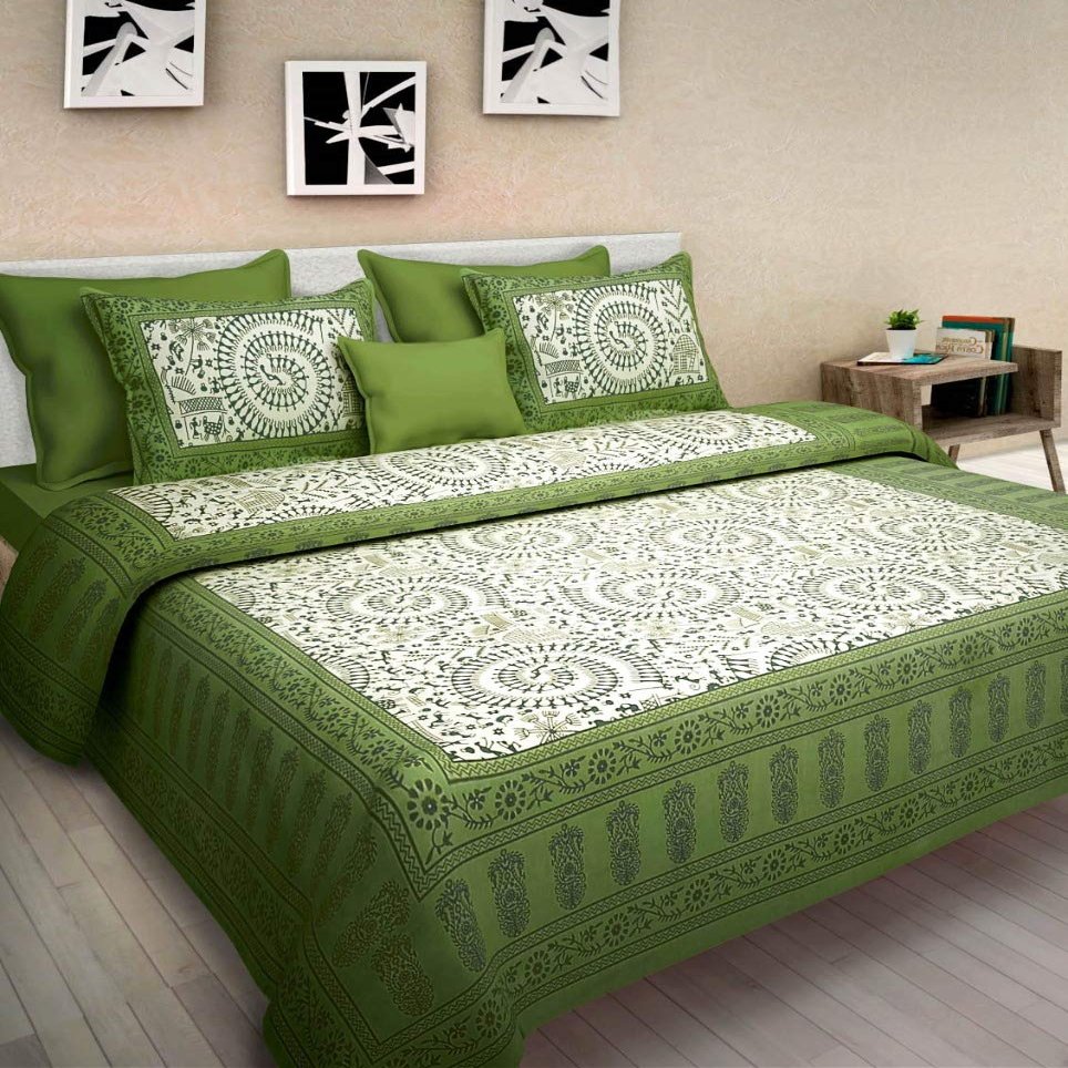 Raj Handicrafts Queen Size Double Bed Sheet with Pillow Covers Pure Cotton Traditional Printed Bedcover (Green)