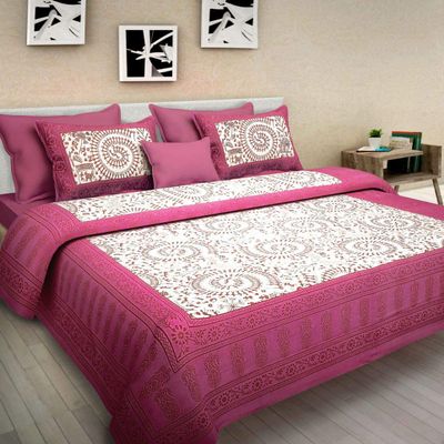 Raj Handicrafts Queen Size Double Bed Sheet with Pillow Covers Pure Cotton Traditional Printed Bedcover (Pink)
