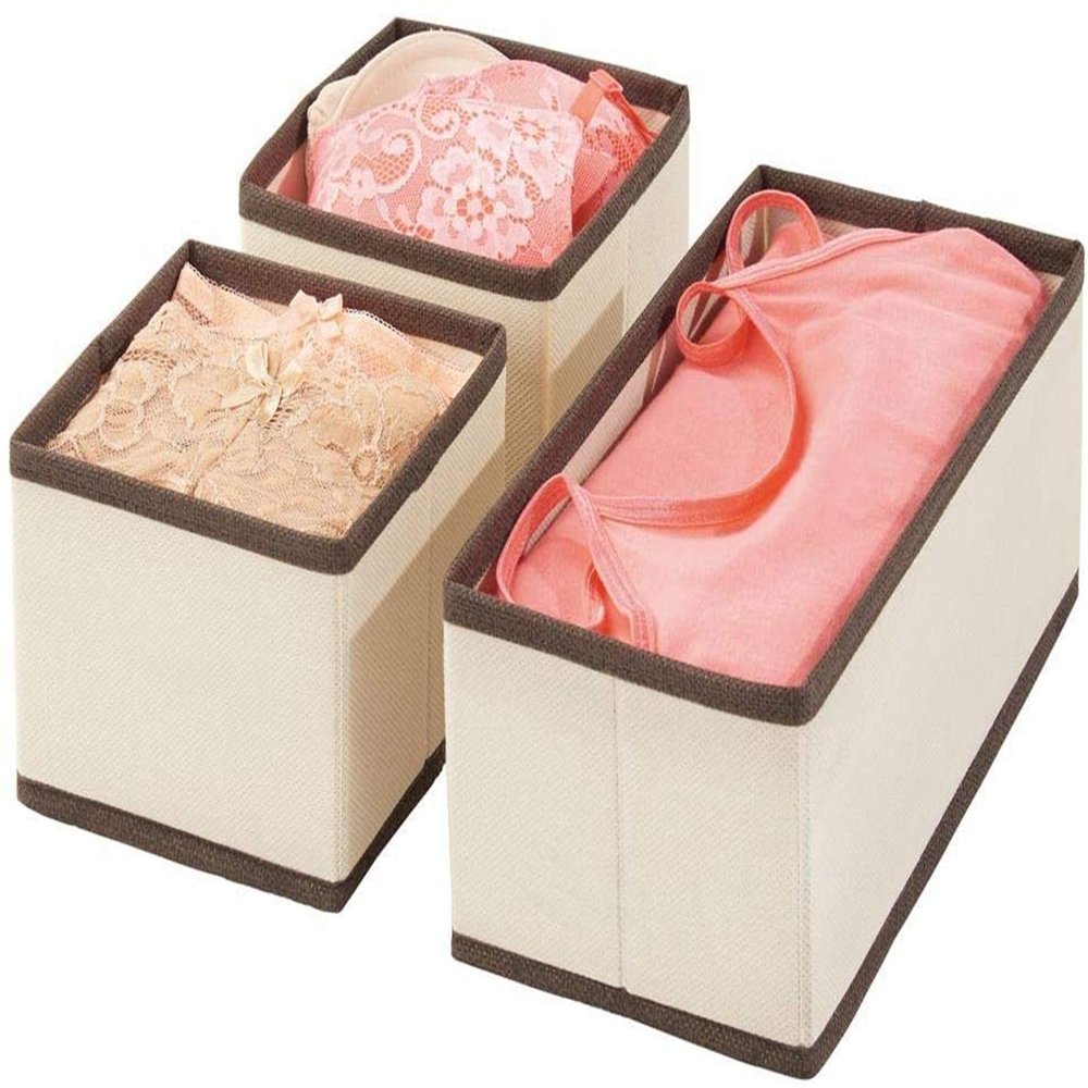 House of Quirk Storage Box Set Of 3 Closet Dresser Drawer Organizer Cube Basket Bins Containers Divider With Utensils Drawers For Underwear, Bras, Socks, Ties, Scarves, (Pack Of 1 Beige) (Fabric)