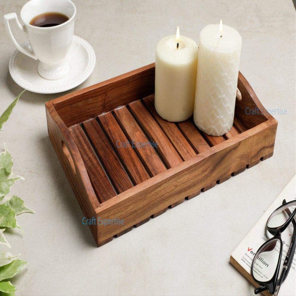Craft Expertise Teak Wood Serving Tray Rectangular Wooden Tray for Home, Dining Table & Restaurant Use (L-12 x W-8 x H-2 Inches)