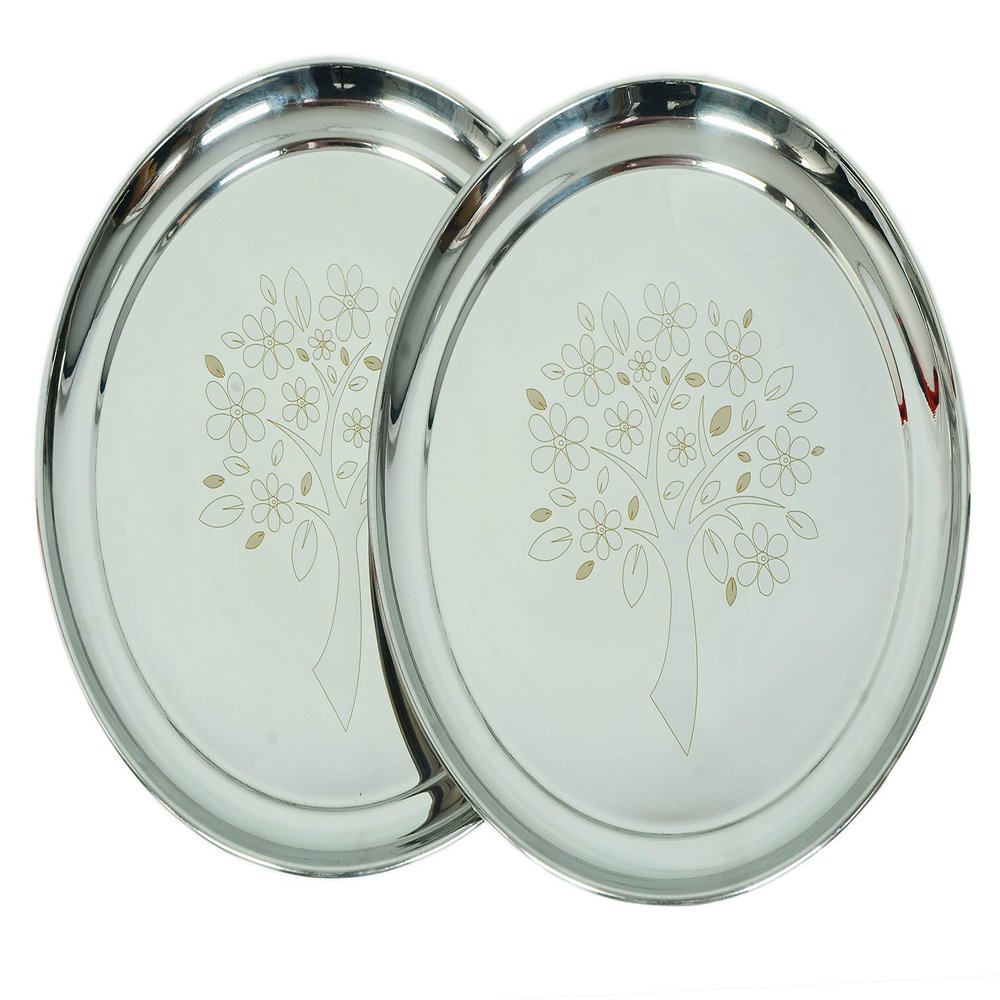 SAGER Stainless Steel Heavy Gauge Dinner Plates with Mirror Finish, Beautiful Lazer Design 12 inch Dia - Set of 2pc