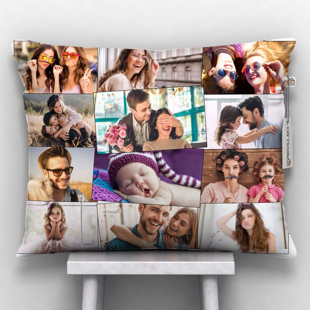 GiftsOnn 9 Photos Personalized Cushion (Collage Pillow, 12"x12") (12x15 - White Color, White Color - 12 Photos)