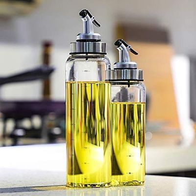 OANGO Borosilicate Olive Oil Dispenser Bottle with Markings, Cruet Stainless Steel Pour Spout, Glass Cooking Oil Vinegar Measuring Dispenser for Kitchen and BBQ, Set of 1, (500ml)
