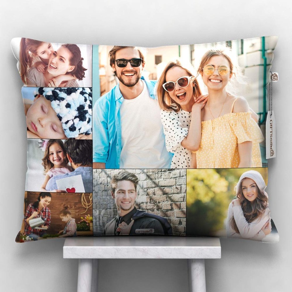 GiftsOnn 9 Photos Personalized Cushion (Collage Pillow, 12"x12") (12x15 - Black Color, Black Color - 7 Photos)
