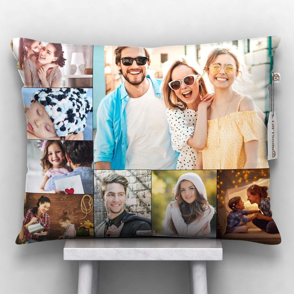 GiftsOnn 9 Photos Personalized Cushion (Collage Pillow, 12"x12") (12x15 - Black Color, Black Color - 8 Photos)