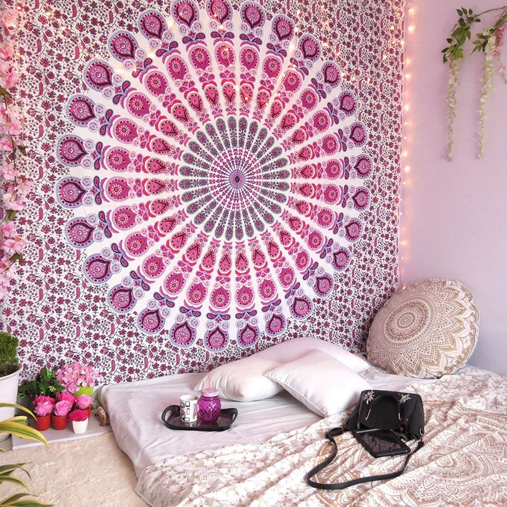 DRAVY HANDICRAFTS Tapestry Mandala Tapestry Wall Hanging Bedsheet Cotton Bedsheet Wall Tapestry Bed Wall Hanging Tapestry (Pink, Twin, Single (84x54 Inches))
