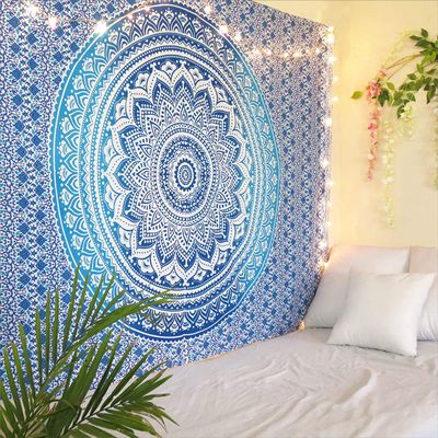 DRAVY HANDICRAFTS Cotton Mandala Ombre Tapestry Wall Hanging Bedsheet (Blue, Twin , 84x54 Inches)