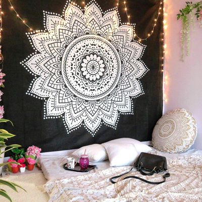 Jiya Murti Arts Mandala Tapestry Wall Hanging Cotton Bedsheet (Black, 84x54 Inches)