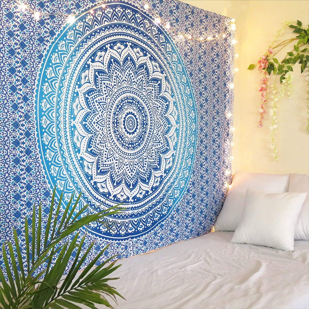 DRAVY HANDICRAFTS Tapestry Mandala Cotton Bedsheet Wall Tapestry Hanging (Blue, Twin-84x54 inches)