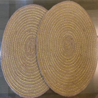 PartyStuff Jute Golden Lurex Handmade Braided Vintage Placemat for Dining Table, Bedside Table, Plate mat, Decoration mat (Round, 35x35, Pack of 2)