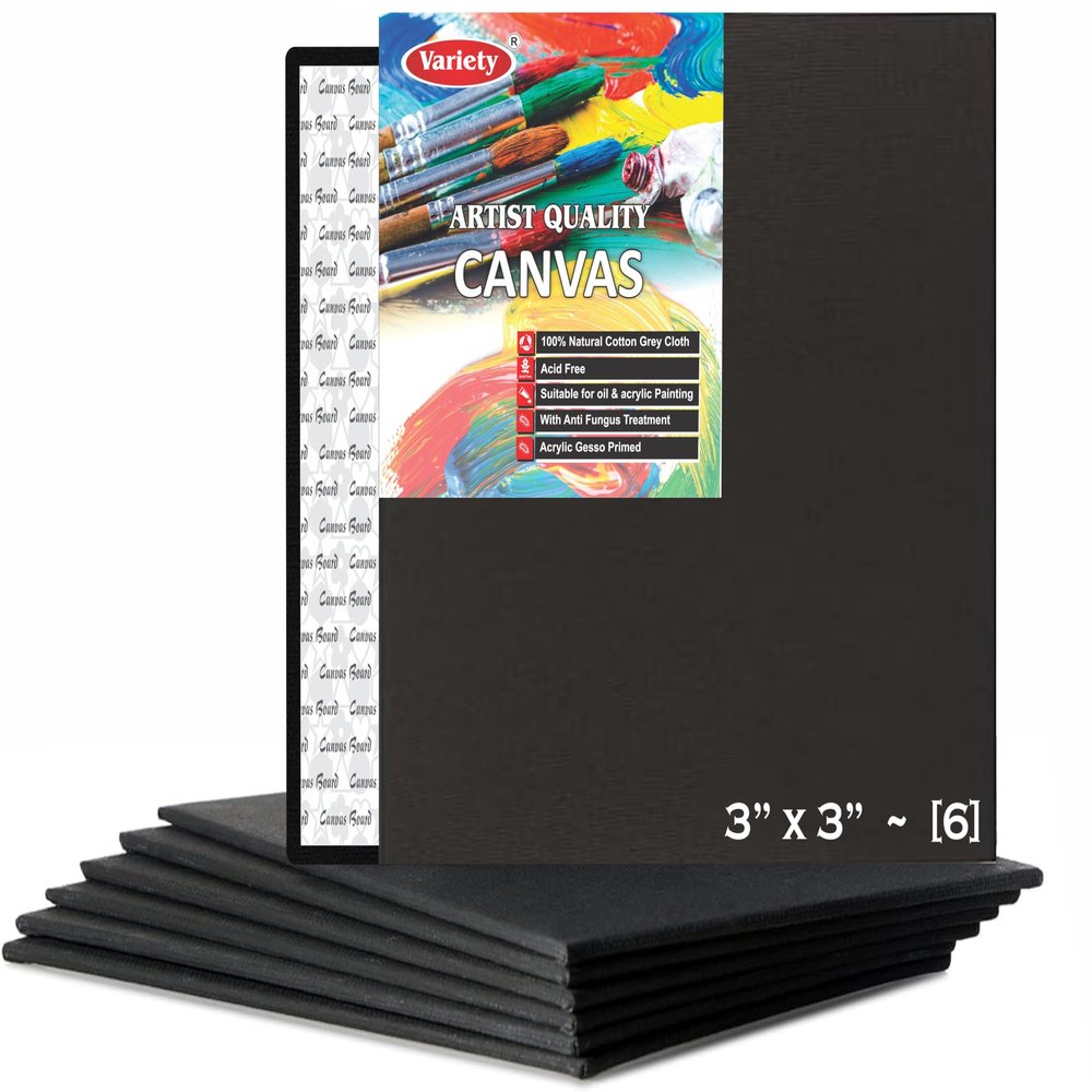Variety Canvas Fine Grain 100% Cotton Canvas 7oz Primed Board (Black, 3X3 [Set of 6])