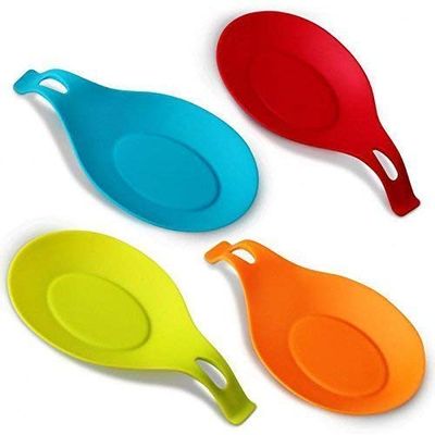 NEAR STOP Flexible Almond-Shaped Silicone Heat Resistant Spoon Holder Pad, Silicone Spoon Holders Used for Kitchen Accessories Like Spoons, Spatula, Brushes, Cutlery (Multi-Color, 2Pcs)