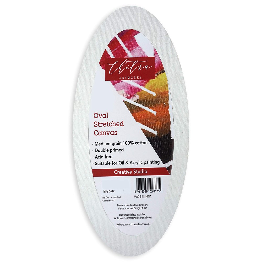 Chitra Artworks Premium Quality Primed Cotton Pre Stretched Oval Canvas Board with Wooden Frame | Ideal for Acrylic, Oil & Watercolor Painting | Durable Artist Canvas for Home & Studio 6 x 4 Inch