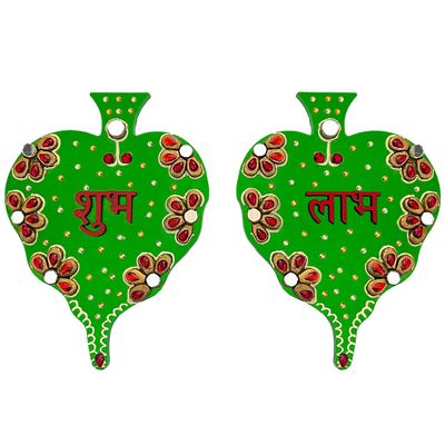 Ritwika's Decorative Handcrafted Wooden Shubh Labh Door Hangings Showpiece for Diwali, Wedding Or House Warming | Size 12 cm x 16 cm, Set of 2 (Green)