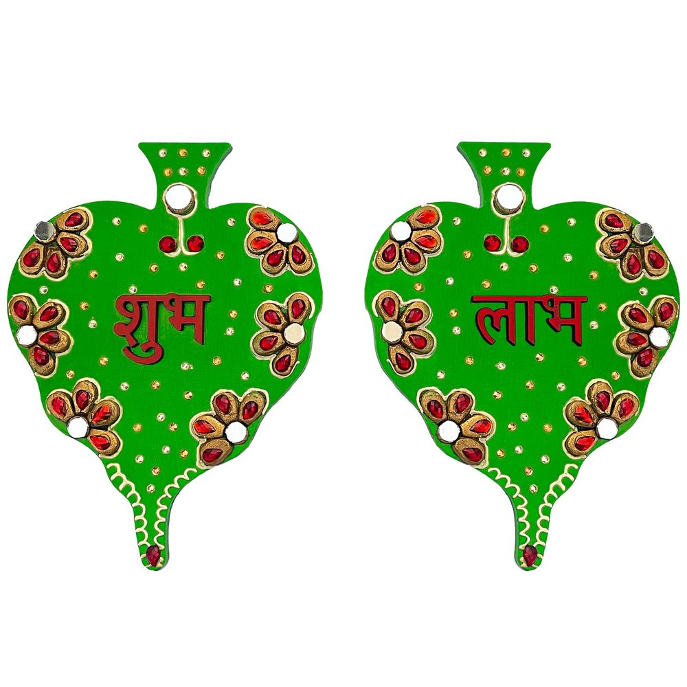 Ritwika's Decorative Handcrafted Wooden Shubh Labh Door Hangings Showpiece for Diwali, Wedding Or House Warming | Size 12 cm x 16 cm, Set of 2 (Green)