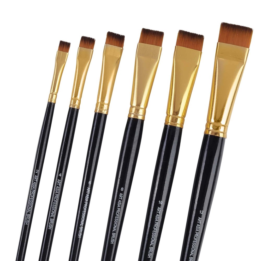 Art Asia Wood Short Hair Flat Synthetic Painting Brush Set of 6pc for Watercolor,Acrylic & One Stroke Painting