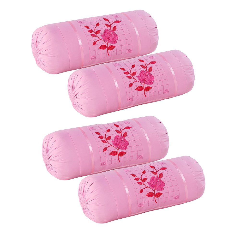 Rj Products Cotton Bolster Cover Set of 2 Piece Beautiful Rose Embroidery - Maroon Color (Pink_4piece)