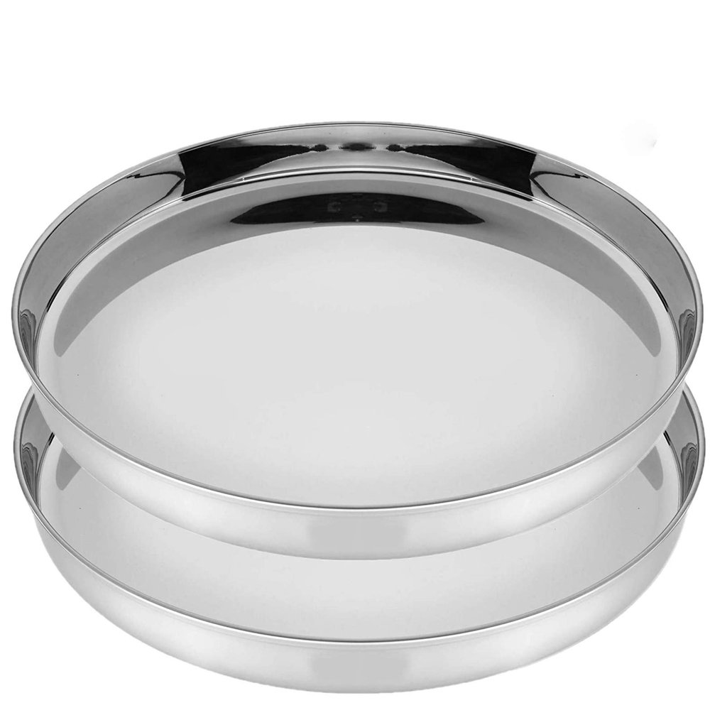 SAGER Stainless Steel Heavy Gauge Khumcha/Khomcha/Kumcha/Lunch and Dinner Plates/Thali with Mirror Finish, Curved deep Wall Design 29 cm Dia - Set of 2 pc
