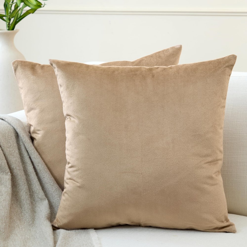 Encasa XO Velvet Throw Pillow Covers 16x16 in (40x40 cm) - Beige - No Inserts, Pack of 2 Cases | Solid Plain Dyed Soft & Smooth, Square Decorative Cushion Covers for Living & Bedroom