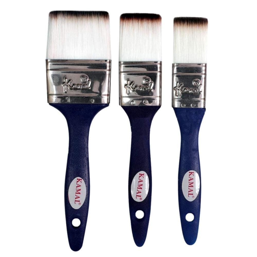 KAMAL Flat WASH (Chapta) Synthetic White-Brown Hair Blue Handle Brush Set of 3 (25mm, 38mm, 50mm)