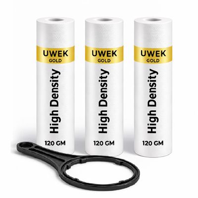 UWEK Gold 10 Inch High Density Spun Pre Filter 5 Micron PP Spun Cartridge 120 gm Sediment Filter Candle Compatible with Pre-Filter Housing of RO Water Purifier (Pack of 3 Spun + Spanner)
