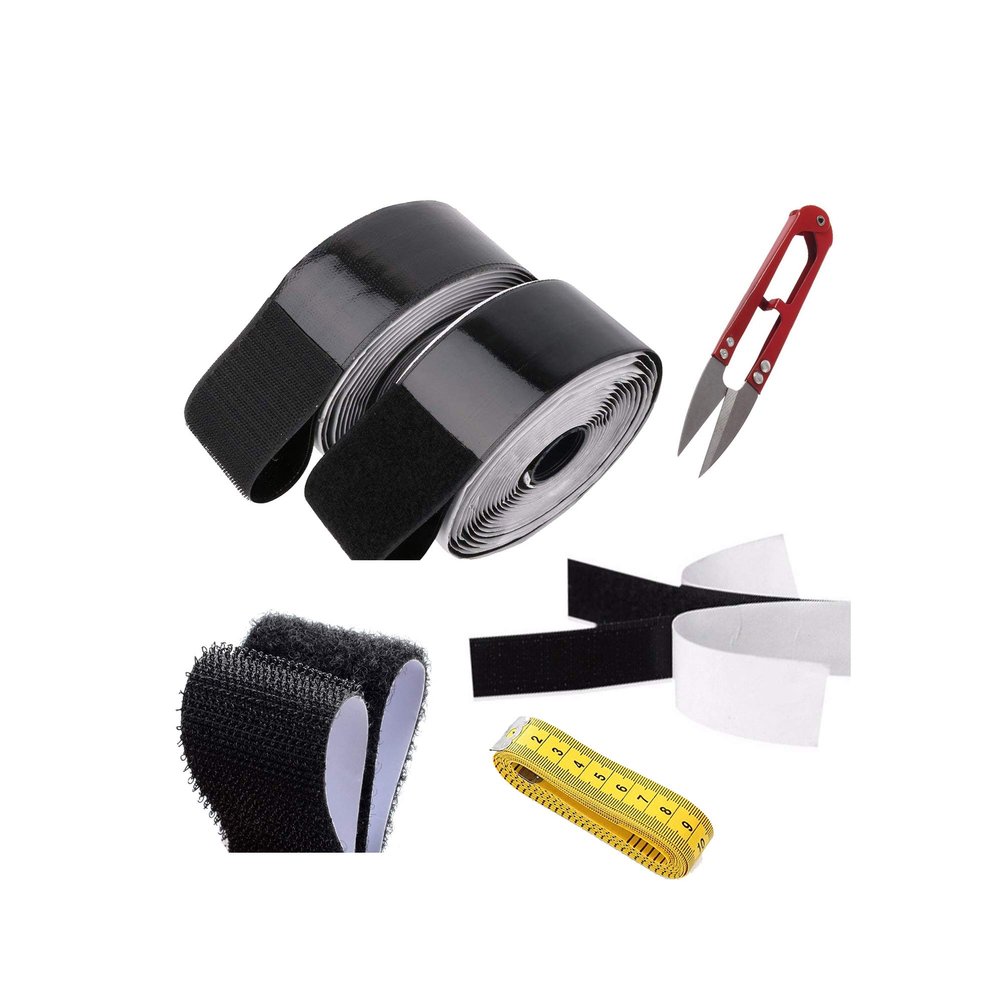 SAI PRASEEDA Adhesive Hook 10MTS_Adhesive Loop 10MTS with Easy Removal Sticker 20mm_ 10 MTS or 33 Feets Black Color with Industrial Cutter_Measuring Tape SP2