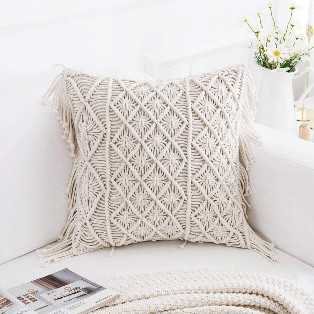 Party Stuff Knitted Cushion Cover Cotton Macrame 16 inch 200 TC, Hand-Woven for Living Room, Sofa, Inner Lining, Side Tassels, UV Thread (Square, Off-White, Pack of 1)