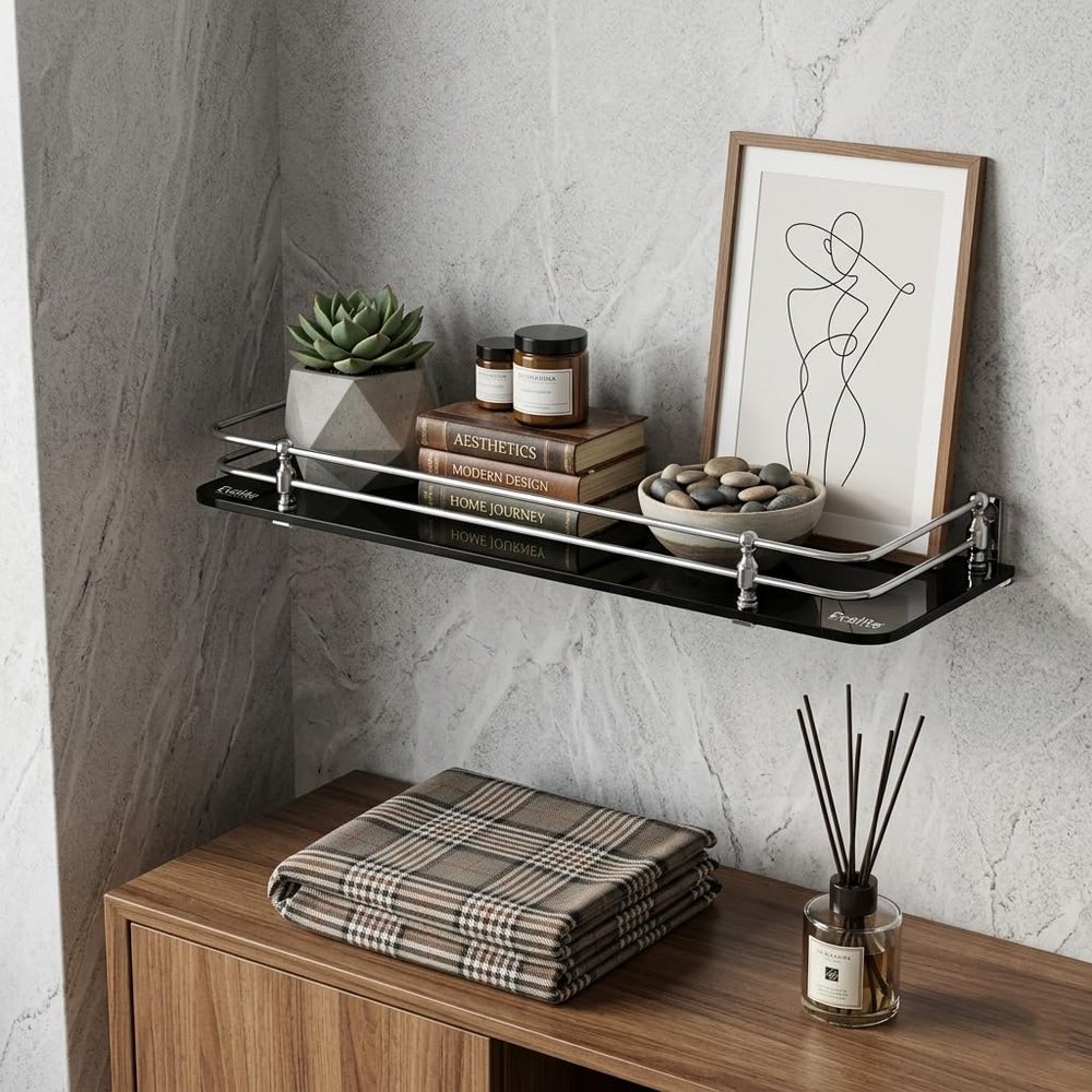 Evolite Premium Black Tempered Glass Corner and Rectangle Shelf for |Bathroom | Living Room | Bedroom | Kitchen Shelves Racks & wall Mount Heavy Duty All Accessories (ETGS-CB9x8 inch Pack of 1)