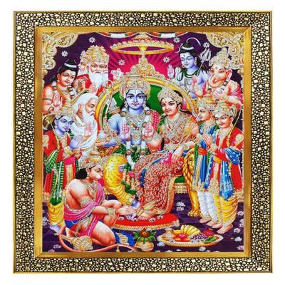 Khanna Koshtak Ram Darbar/Ram Sita Laxman Bharat Shtrughan Hanuman Religious Photo with Golden Frame & Acrylic Sheet Glass for Wall Hanging/Gift/Temple/Puja Room/Home Decor & Worship