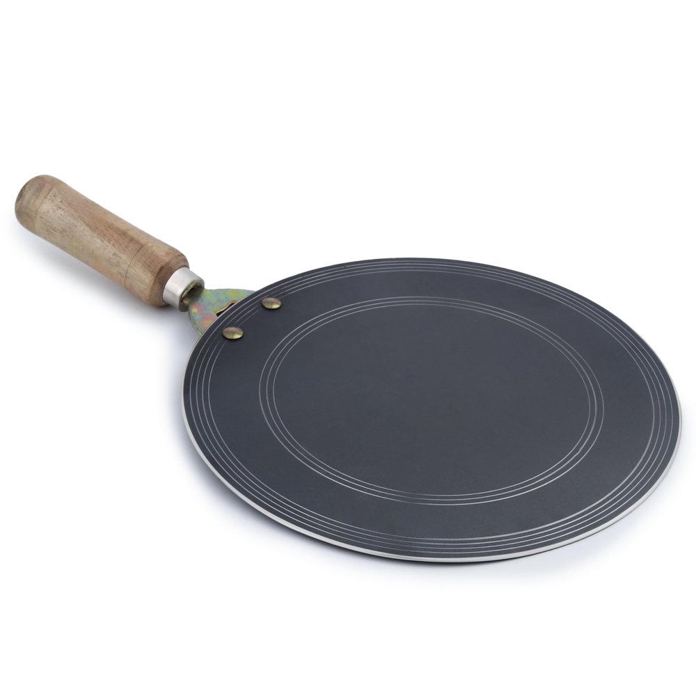 RBY 11 Inch (28 CM) Pure Iron Tawa for Dosa, Uttapam, Chilla, Roti, Chapati, Paratha, Gas & Induction Compatible Handmade Dosa Tava Strong Riveted Wooden Handle, Metal Spoon Friendly