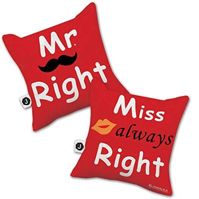 Jhingalala Mr. Right - Miss Always Right Printed Satin Cushions with Filler Combo ( Medium )