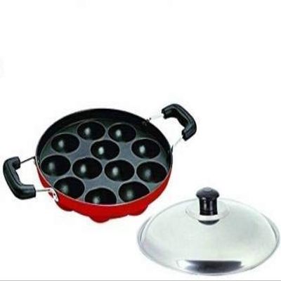 STEEPLE Non Stick Aluminium Appam Maker Pan | 12 Cavity Appam Pan | Pancake Maker | Appam Maker with Side Handle Lid Cover - Red
