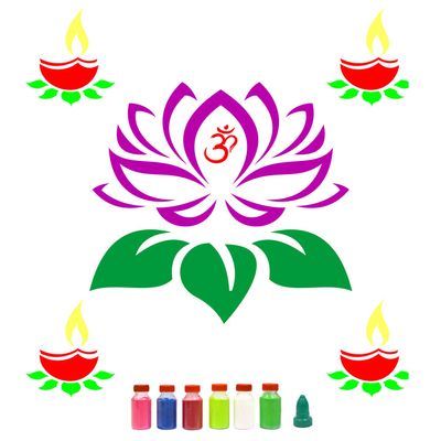 Incredible Gifts India Combo of 2 Rangoli Stencils - Diya and Lotus Stencil for Rangoli Large Size | Diwali Diya Rangoli Stencil with Six Rangoli Color Powder with Nozzle (30cmx30cm, Wood, Brown)