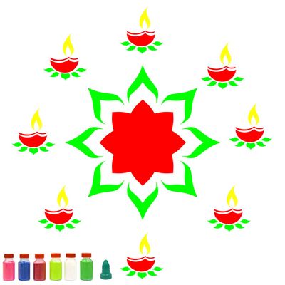 Incredible Gifts India Large Size Combo of 3 Rangoli Stencils - Petal, Lotus Stencils for Rangoli for Floor | Diwali Diya Stencil with Six Rangoli Colors with Nozzle (30cmx30cm, Wood, Brown)