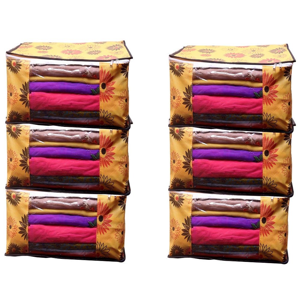 ANKIT INTERNATIONAL Garments Protector Floral Print Yellow Saree cover/Clothes Storage Bag with Dust Protection Front Clear window & Zip Closure for Multi-Purpose Clothing Storage Pack of 6(16 x 14 x 9 inches)AI-YF-06
