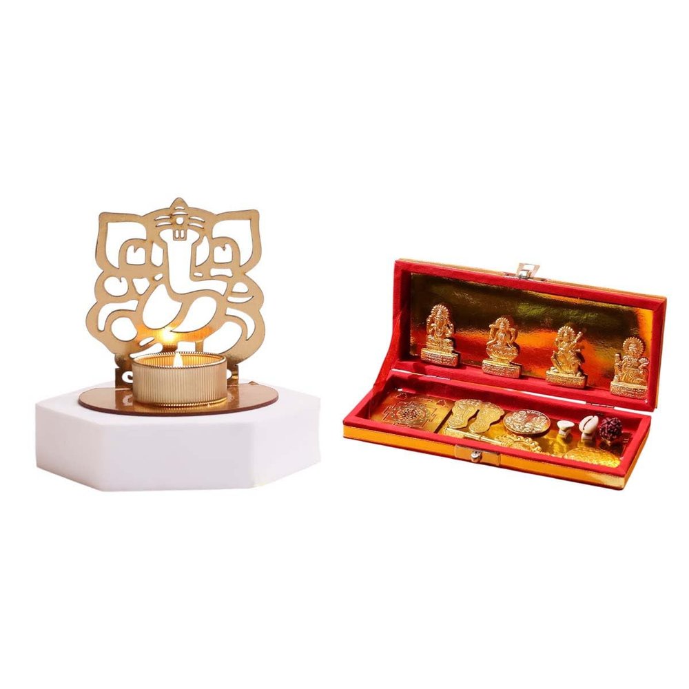 Shree Dhanlaxmi Kuber Bhandari with Ganesh Shadow Diya | Pooja Items & Decorative Showpiece for Home Temple | Tealight Candle Holder for Home Decor & Festival Decoration | Vastu & Housewarming Gift